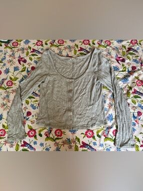 Free People Intimately Light Gray Snap Front Cropped Long Sleeve Top